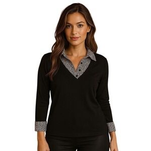 Style &‎ Co Black Long Sleeve Top with Spotted Print Collar and Cuffs Women's M